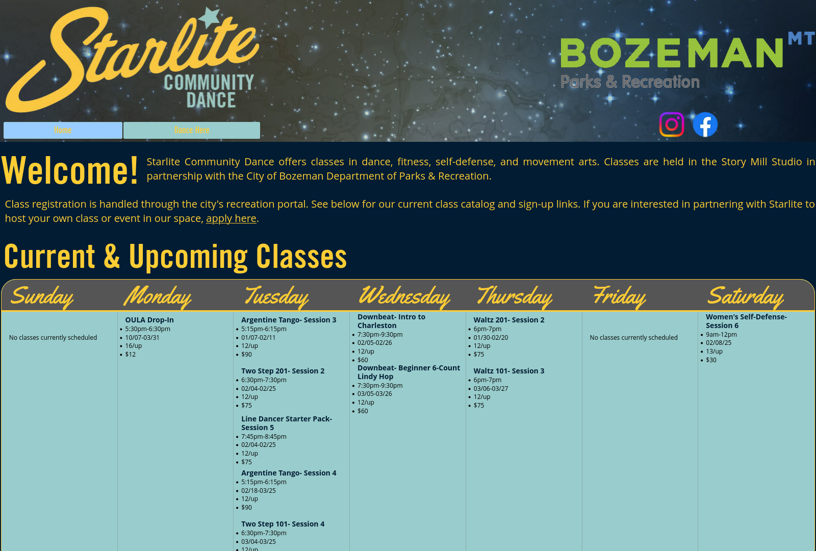 Screenshot of the Starlite website showing a schedule grid of upcoming dance class offerings.